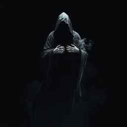 A hauntingly beautiful Dementor, cloaked in dark, tattered robes, floating ominously against a stark black background