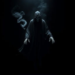 A hauntingly beautiful Dementor, cloaked in dark, tattered robes, floating ominously against a stark black background