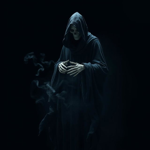 A hauntingly beautiful Dementor, cloaked in dark, tattered robes, floating ominously against a stark black background