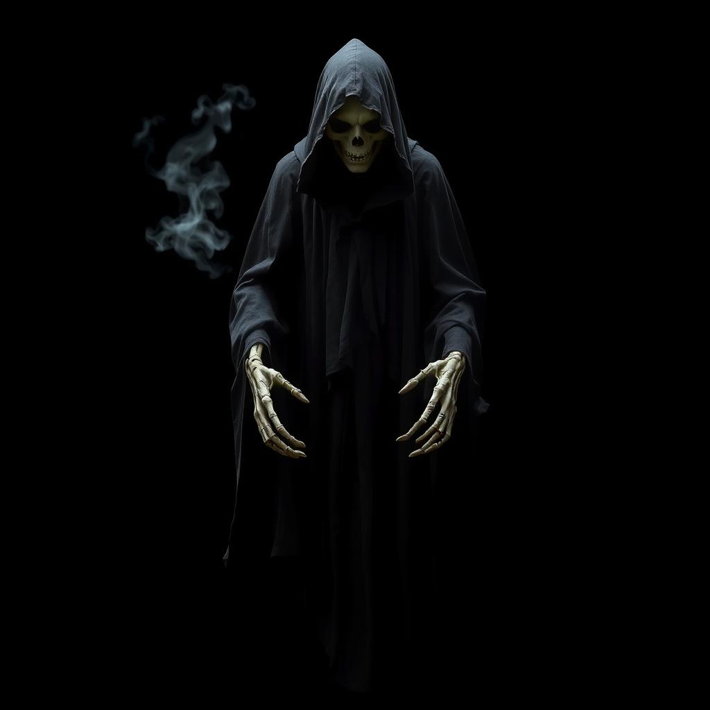 A hauntingly beautiful Dementor, cloaked in dark, tattered robes, floating ominously against a stark black background