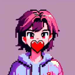 Pixel art profile picture featuring a vibrant red heart against a soft pastel background.