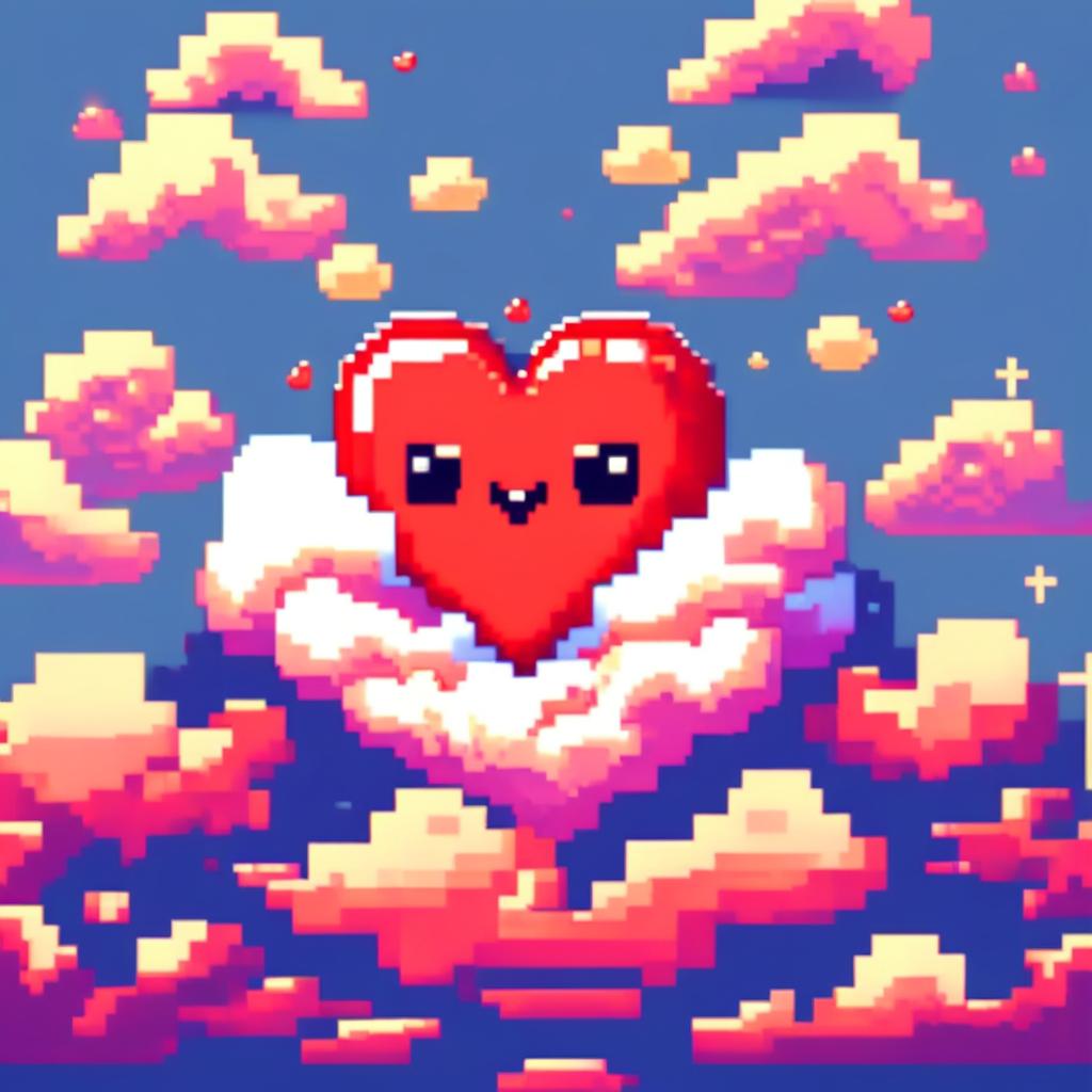 Pixel art profile picture featuring a vibrant red heart surrounded by fluffy clouds against a gradient blue sky.