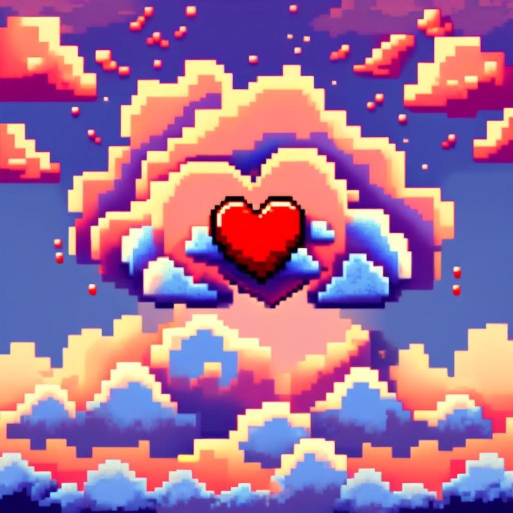 Pixel art profile picture featuring a vibrant red heart surrounded by fluffy clouds against a gradient blue sky.