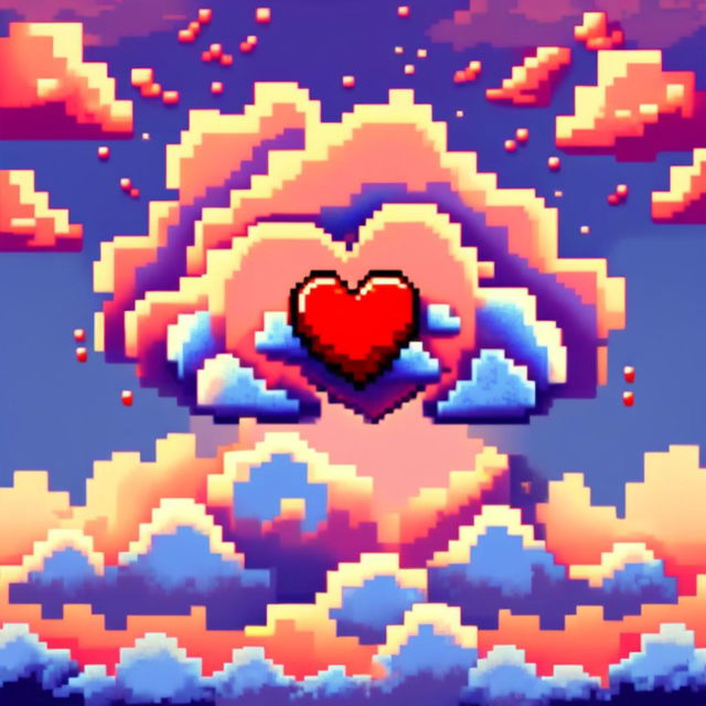 Pixel art profile picture featuring a vibrant red heart surrounded by fluffy clouds against a gradient blue sky.