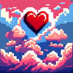 Pixel art profile picture featuring a vibrant red heart surrounded by fluffy clouds against a gradient blue sky.