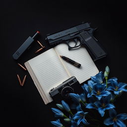 A dark themed composition featuring a black background