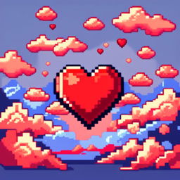 Pixel art profile picture featuring a vibrant red heart surrounded by fluffy clouds against a gradient blue sky.