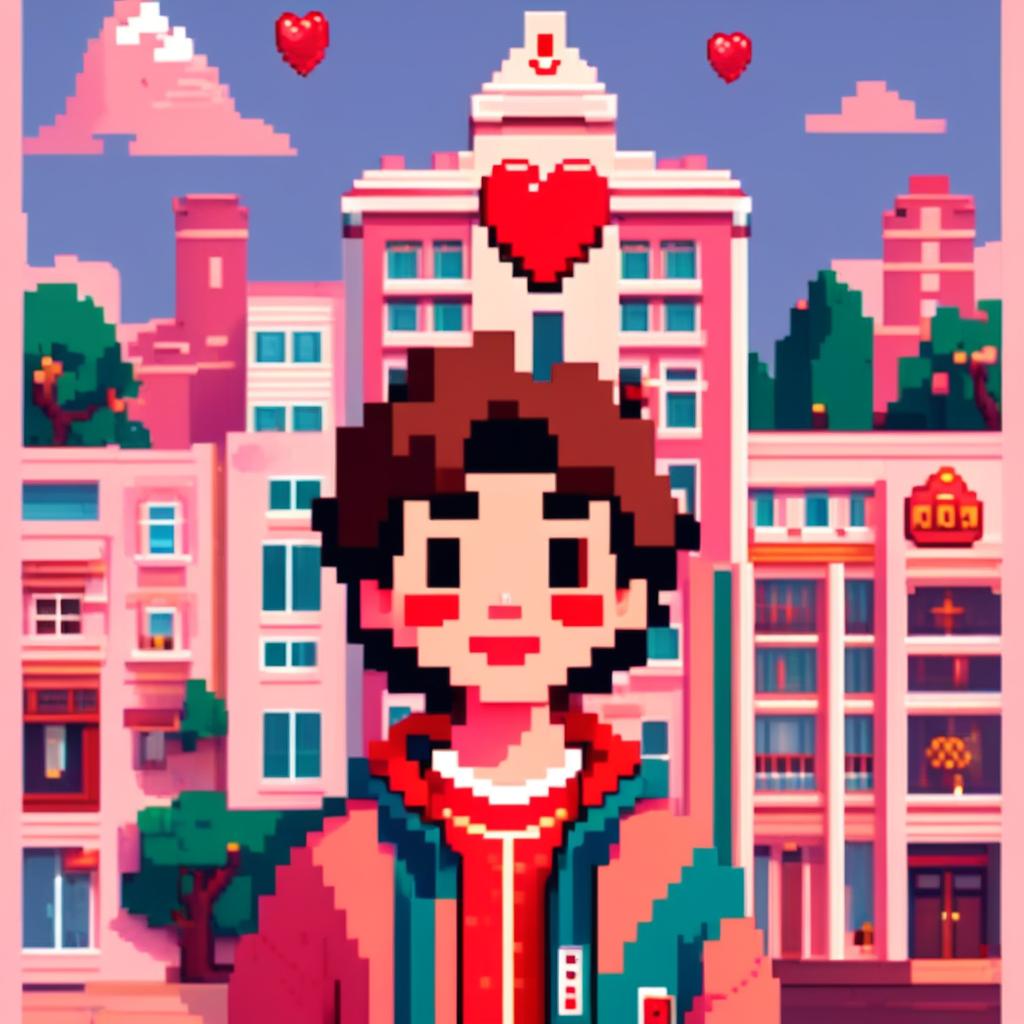 Pixel art profile picture featuring a vibrant red heart set against a Wes Anderson-inspired backdrop filled with pastel hues, symmetrical buildings, and charming characters