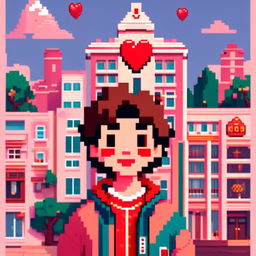 Pixel art profile picture featuring a vibrant red heart set against a Wes Anderson-inspired backdrop filled with pastel hues, symmetrical buildings, and charming characters