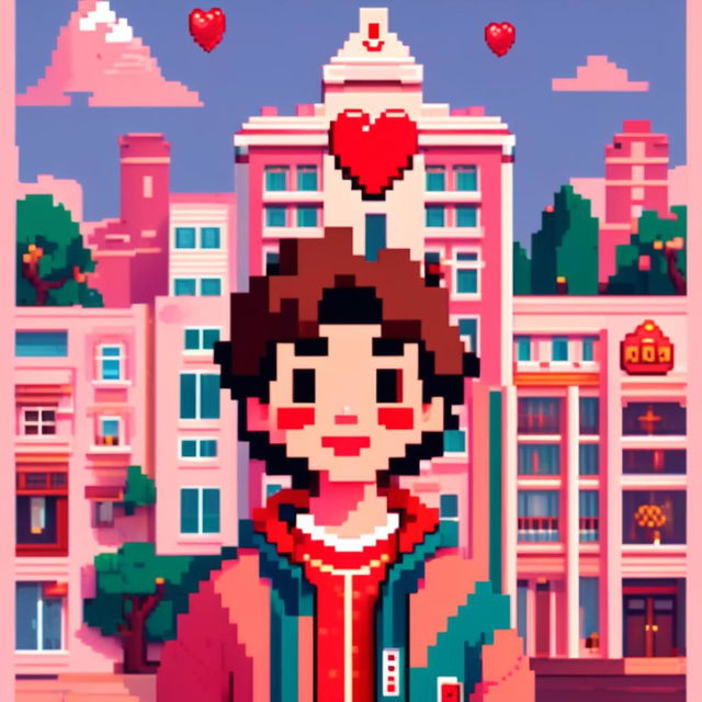 Pixel art profile picture featuring a vibrant red heart set against a Wes Anderson-inspired backdrop filled with pastel hues, symmetrical buildings, and charming characters