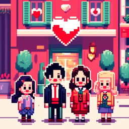 Pixel art profile picture featuring a vibrant red heart set against a Wes Anderson-inspired backdrop filled with pastel hues, symmetrical buildings, and charming characters