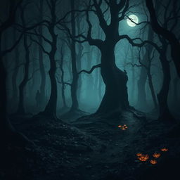 A dark, eerie forest shrouded in mist, with towering, twisted trees reaching up into a starless sky