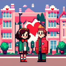 Pixel art profile picture featuring a vibrant red heart set against a Wes Anderson-inspired backdrop filled with pastel hues, symmetrical buildings, and charming characters