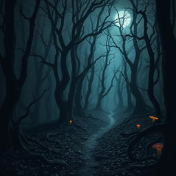 A dark, eerie forest shrouded in mist, with towering, twisted trees reaching up into a starless sky