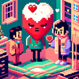 Pixel art profile picture featuring a vibrant red heart set against a Wes Anderson-inspired backdrop filled with pastel hues, symmetrical buildings, and charming characters