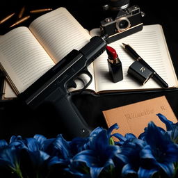 A dark themed composition with a black background featuring an intriguing arrangement of objects