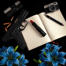A dark themed composition with a black background featuring an intriguing arrangement of objects