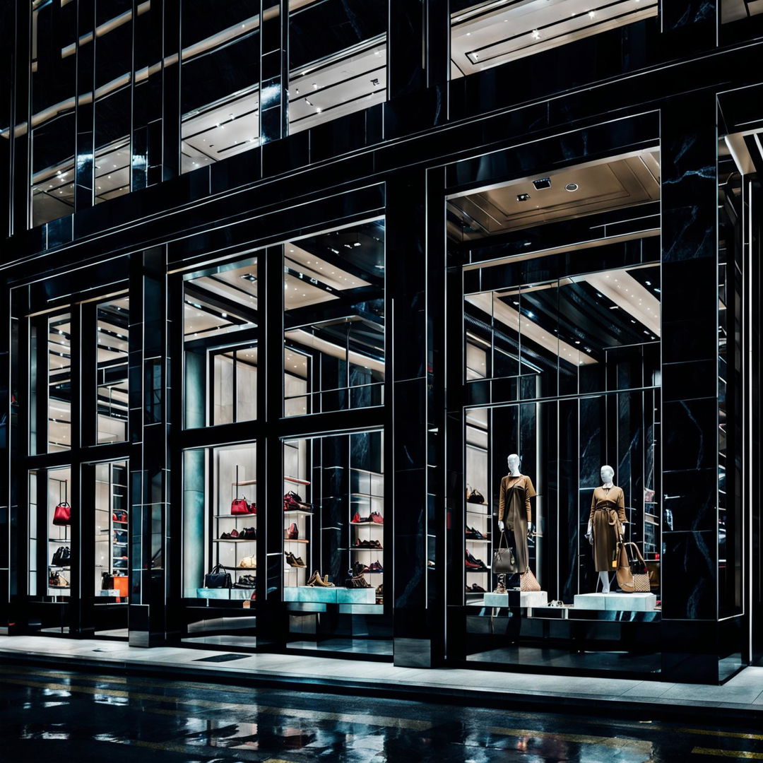 A photograph of a modern Prada storefront at night, showcasing its luxury goods and elegant fashion line.