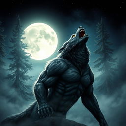 A dramatic scene depicting a powerful werewolf howling at a full moon, set in a misty forest