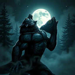 A dramatic scene depicting a powerful werewolf howling at a full moon, set in a misty forest