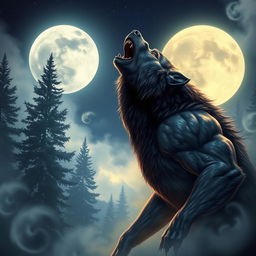 A dramatic scene depicting a powerful werewolf howling at a full moon, set in a misty forest