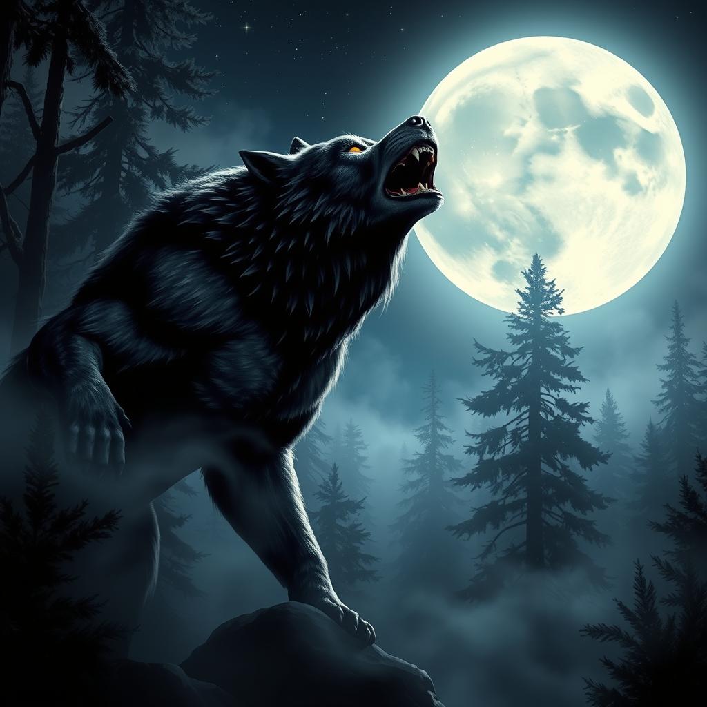 A dramatic scene depicting a powerful werewolf howling at a full moon, set in a misty forest