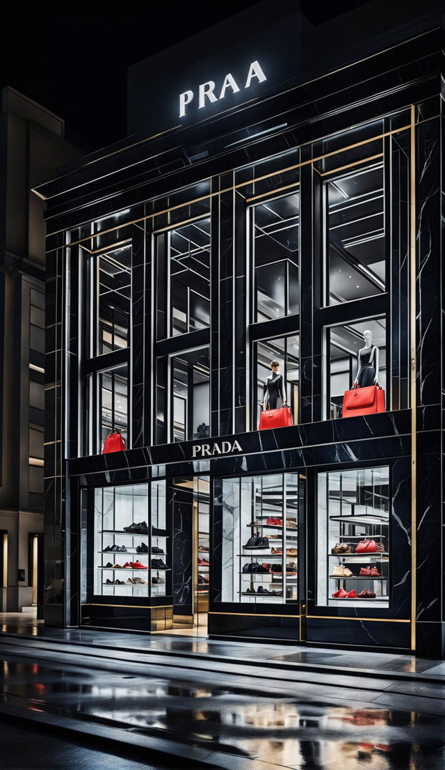 A photograph of a modern Prada storefront at night, showcasing its luxury goods and elegant fashion line.