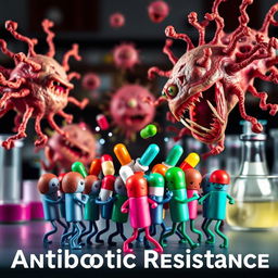 A striking image showcasing a dramatic scene of bacteria depicted as sinister, mutated forms attacking and overpowering a group of colorful and vibrant antibiotics represented as small figures or capsules