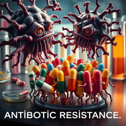 A striking image showcasing a dramatic scene of bacteria depicted as sinister, mutated forms attacking and overpowering a group of colorful and vibrant antibiotics represented as small figures or capsules