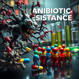 A striking image showcasing a dramatic scene of bacteria depicted as sinister, mutated forms attacking and overpowering a group of colorful and vibrant antibiotics represented as small figures or capsules