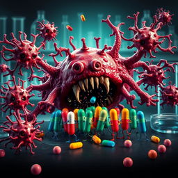 A striking image showcasing a dramatic scene of bacteria depicted as sinister, mutated forms attacking and overpowering a group of colorful and vibrant antibiotics represented as small figures or capsules