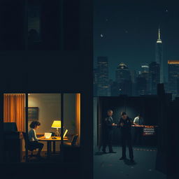 A nighttime exterior view of a large office building, with illuminated windows revealing a dramatic scene inside