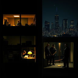 A nighttime exterior view of a large office building, with illuminated windows revealing a dramatic scene inside