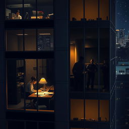 A nighttime exterior view of a large office building, with illuminated windows revealing a dramatic scene inside