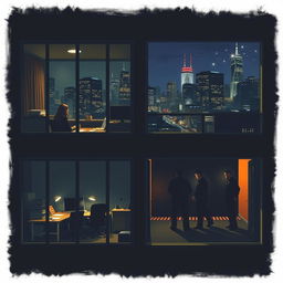 A nighttime exterior view of a large office building, with illuminated windows revealing a dramatic scene inside