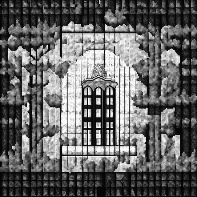 Black and white pixel art image inspired by Wes Anderson's style, featuring a vintage scene with an old-fashioned building, symmetrical trees, and a gradient sky