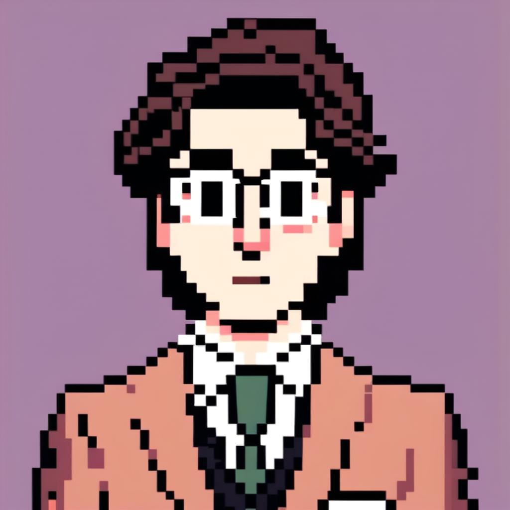 Black and white pixel art profile picture of a quirky man in a suit, inspired by Wes Anderson's distinctive style.