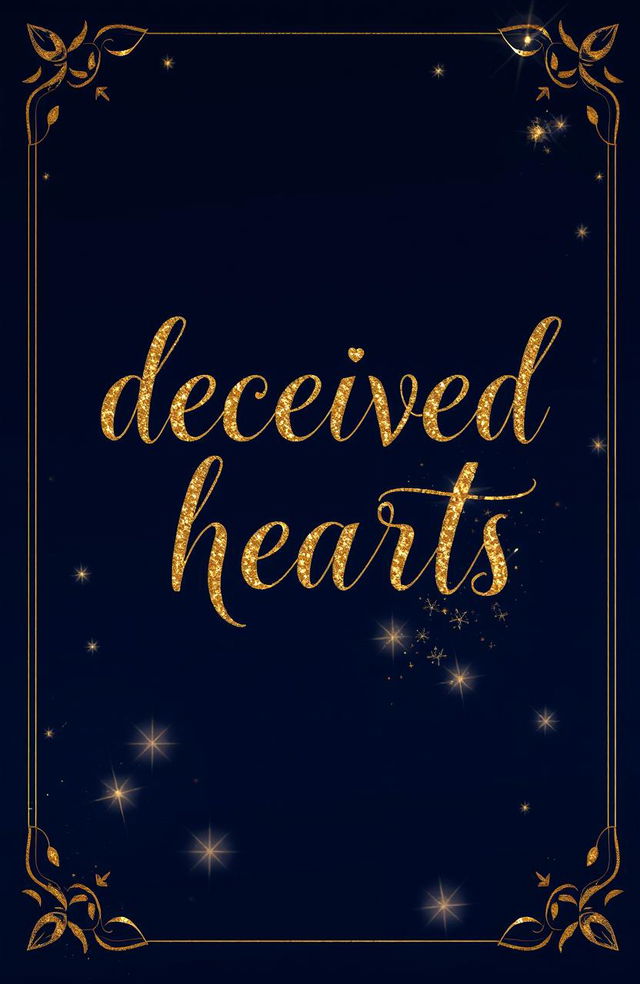 A book cover design featuring a navy blue background with the title "deceived hearts" elegantly written in black calligraphy, enhanced with green and golden outlining