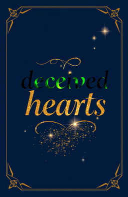 A book cover design featuring a navy blue background with the title "deceived hearts" elegantly written in black calligraphy, enhanced with green and golden outlining
