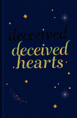 A book cover design featuring a navy blue background with the title "deceived hearts" elegantly written in black calligraphy, enhanced with green and golden outlining