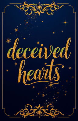 A book cover design featuring a navy blue background with the title "deceived hearts" elegantly written in black calligraphy, enhanced with green and golden outlining