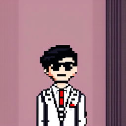 Black and white pixel art profile picture of a quirky man in a suit, inspired by Wes Anderson's distinctive style.