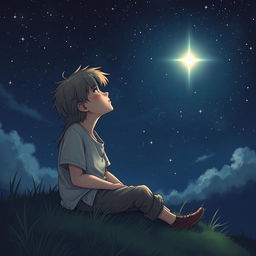 A melancholic scene featuring a sad young boy with long, flowing hair, sitting on a grassy hill at night