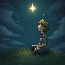 A melancholic scene featuring a sad young boy with long, flowing hair, sitting on a grassy hill at night
