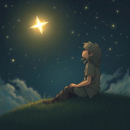 A melancholic scene featuring a sad young boy with long, flowing hair, sitting on a grassy hill at night
