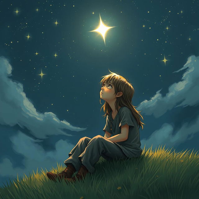 A melancholic scene featuring a sad young boy with long, flowing hair, sitting on a grassy hill at night