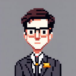 Black and white pixel art profile picture of a quirky man in a suit, inspired by Wes Anderson's distinctive style.