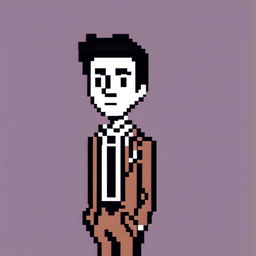 Black and white pixel art profile picture of a quirky man in a suit, inspired by Wes Anderson's distinctive style.