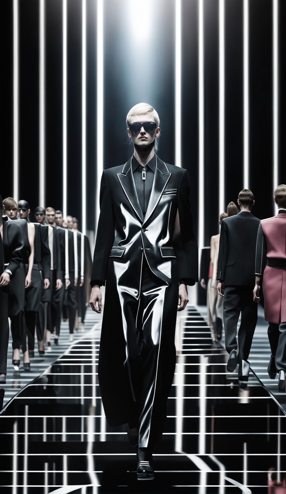 A digital art representation of a Prada fashion show with models showcasing the latest collection on a sleek runway.