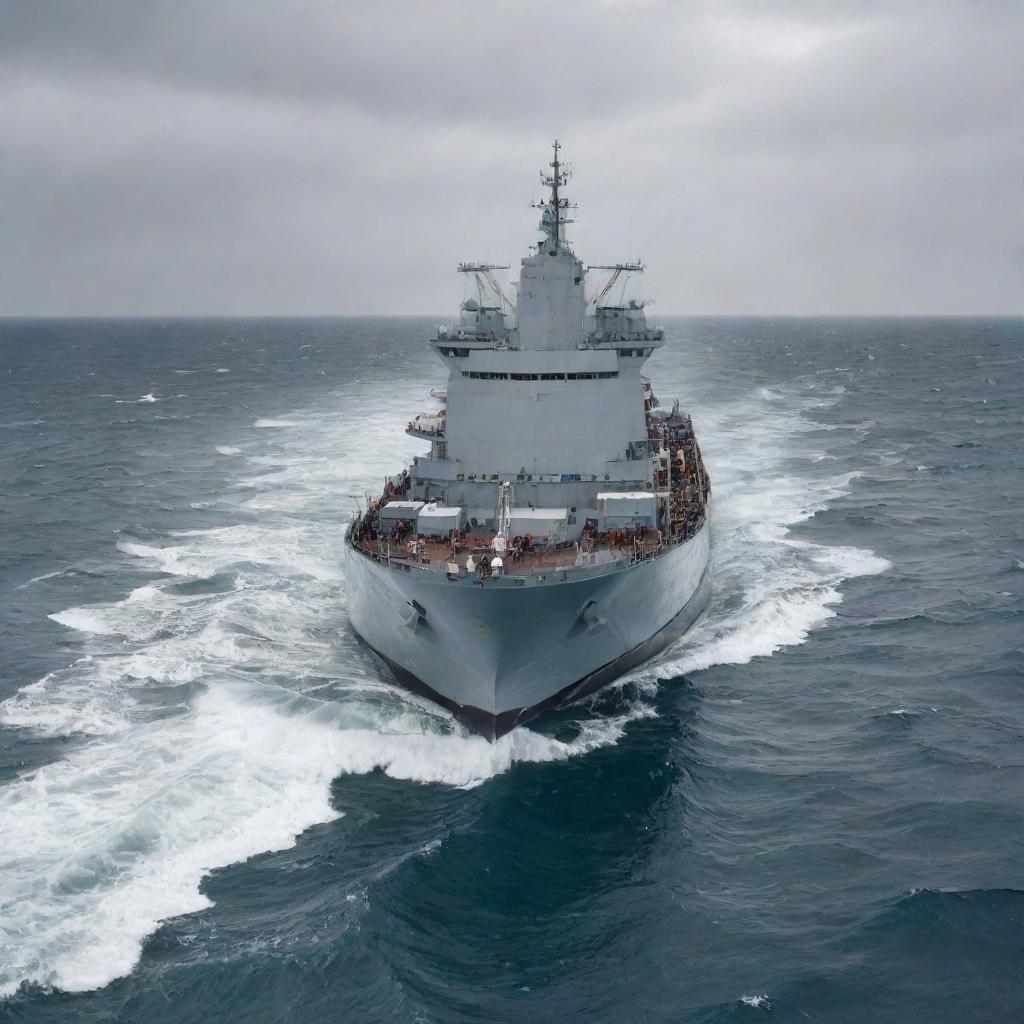 A large ship in operation in open seas with sailors busily working on the deck while navigating through medium-sized waves under a cloudy sky